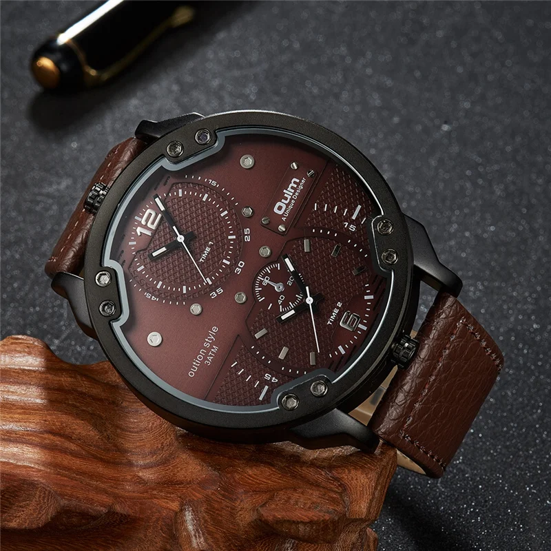 Oulm HP3548M Two Time Zone Big Men's Watches Luxury Brand Large Dial Casual Leather Strap Wristwatch Man Sport Watch