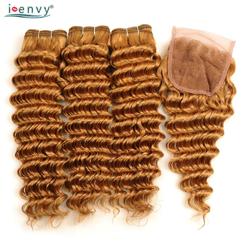 

I Envy #27 Deep Wave Bundles With Closure 100% Human Hair 3 Pcs Honey Blonde Brazilian Hair Weave Bundles With Closure Non Remy