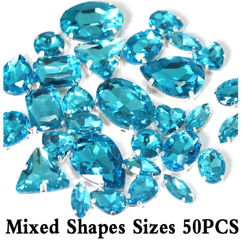 Аквамарин пришивные стразы с золотом/серебром с плоской задней частью каплевидное стекло синее шитье стразами Стразы для свадебного платья Y3500 - Цвет: Mix-Shapes-Sizes-50P