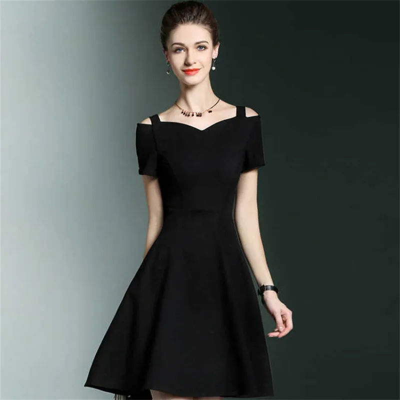 

Elegant Black Layered Ruffle Hem Flutter Sleeve Summer Party Dress Women Casual Solid Fit and Flare A Line Classy Dresses Girl