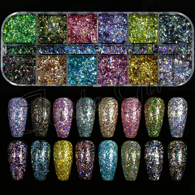 

12 Grids/set Holo Irregular Mermaid Colorful Laser Nail Flakes 3D Nail Art Glitter Gel Polish Manicure DIY Decor Sequins