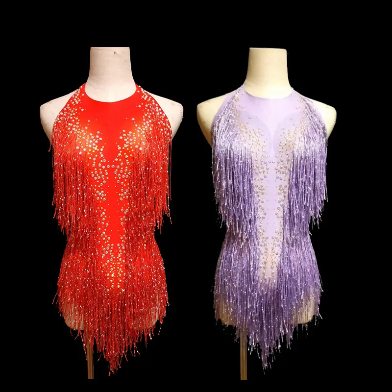 

new Purple Red Shining Fringes Rhinestones Bodysuit Dance Show One-piece Sexy Costume Women's Performance Leotard freeshipping