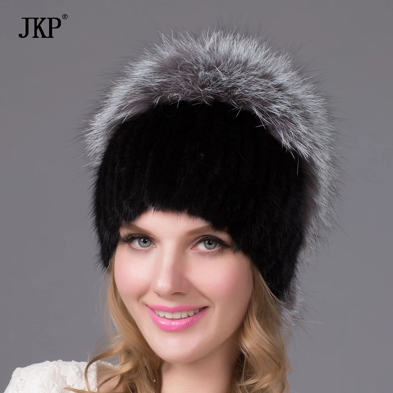

Russia winter hats for women fashion genuine mink fur hat with whole silver fox fur top Cap