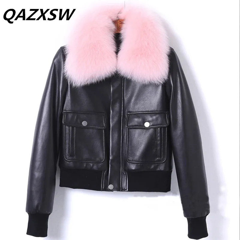 QAZXSW 2018 New Women's Winter Genuine Leather Outer Down Jacket Short Sheepskin Thick Warm Fashion Coat LE475 | Женская одежда