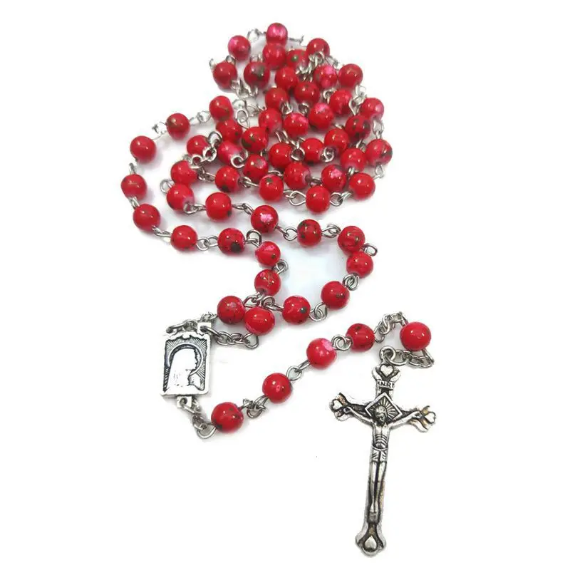 

Religious Jewelry Red Rose Glass Beads Cross Rosary Necklace