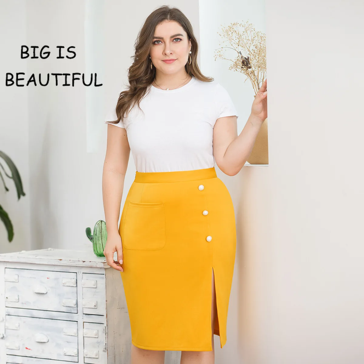 

Button Front Slit Hem Pocket Patch Skirt Women Casual High Waist Pencil Skirt Ladies Spring Summer Knitted Solid Midi Skirt