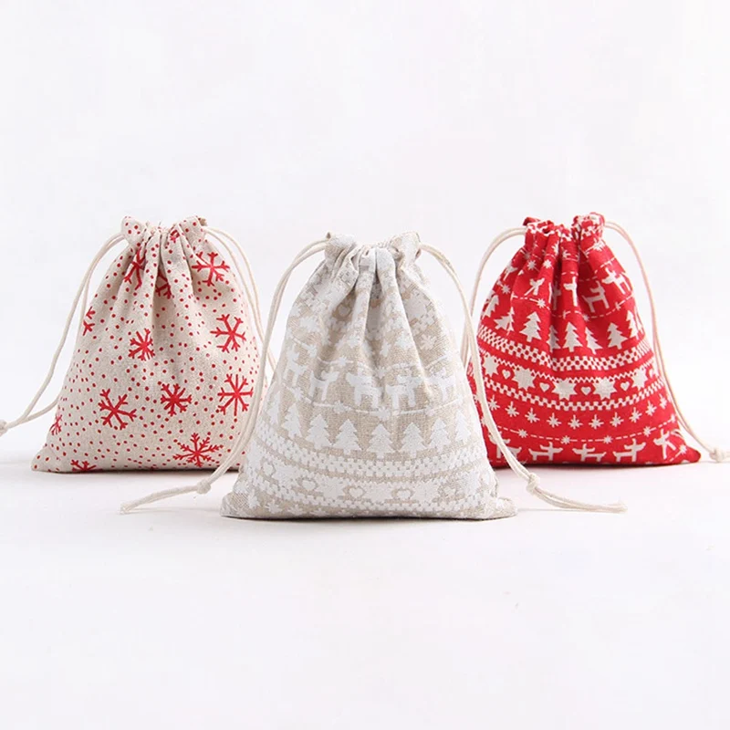 

1PC 2019 New Year Christmas Candy Bag Santa Claus Drawstring Canvas Sack Tableware Rustic Vintage Stockings Gift Bag