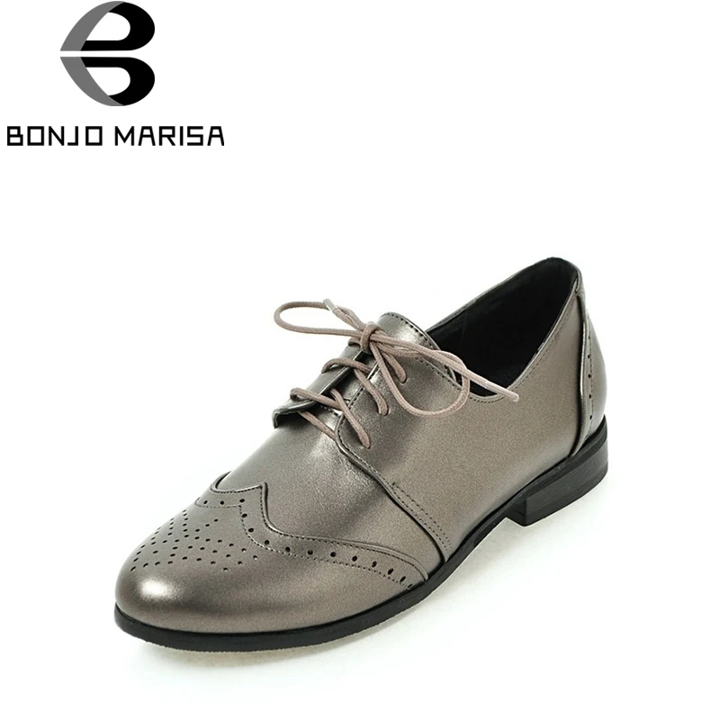 

BONJOMARISA 2018 Spring Autumn Brand New Brogue Shoes lace-up Patent Flat Plus Size 30-50 Med Heels Women Shoes