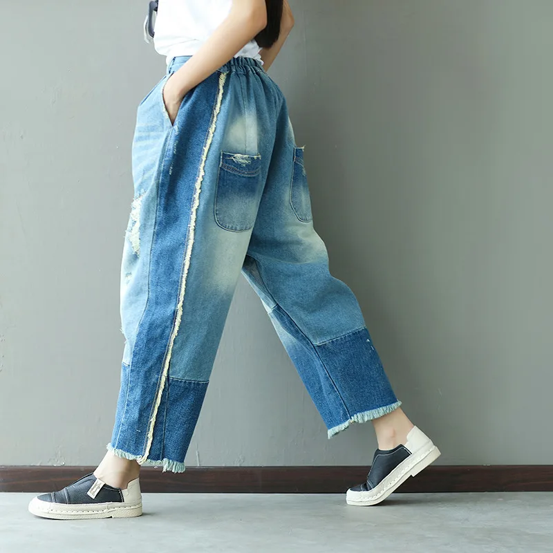 Новое поступление стильная рваность свободные джинсы женские винтажные джинсовые шаровары потертые брюки длиной до щиколотки брюки плюс размер