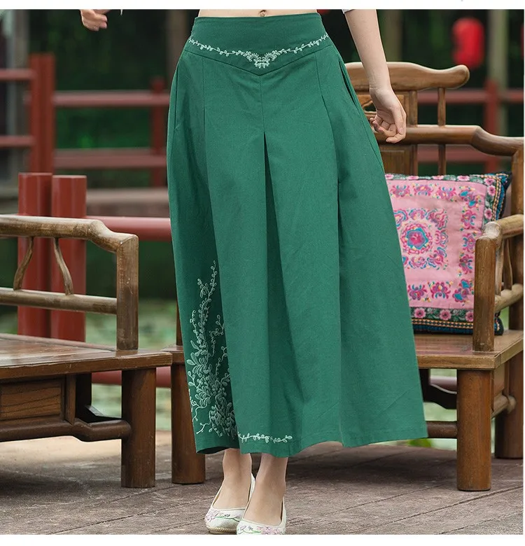 Cheshanf Винтаж 70 s Дизайн Длинные темно-зеленый синий и красный цвета A-Line Midi Skirt Для женщин Мексика Стиль этнические длинные однотонные юбки Longuette