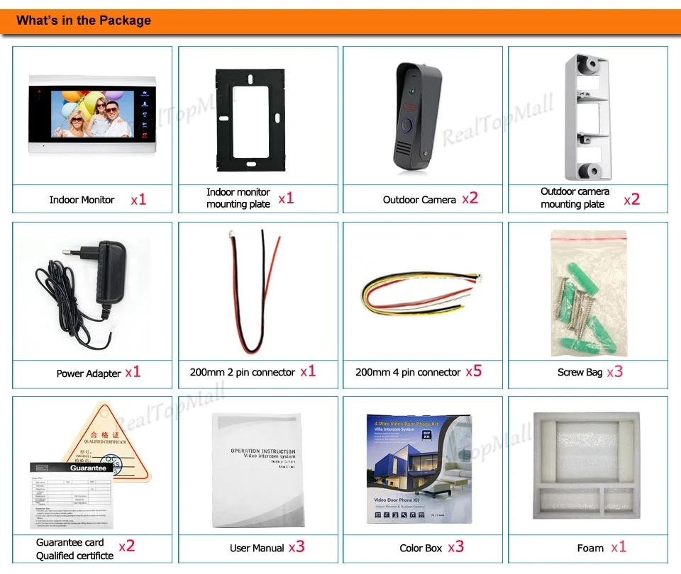 package of 2017 new 7" TFT 1200TVL Video Door Phone Doorbell Intercom System Home Security Camera Monitor with ip65 Rainproof 2 V 1