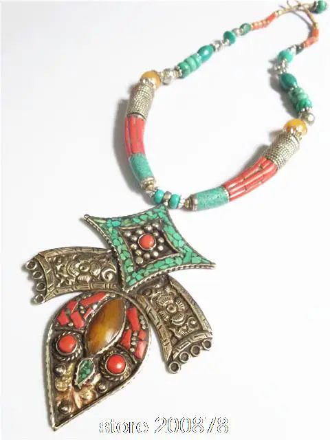 TNL182 Master Design Nepal Indian brass inlaid Stone coral pendant necklace Multi Statements Big Pendants BOHO Necklace