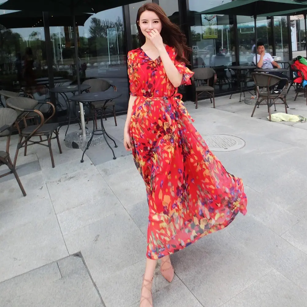 Новое поступление богемное длинное летнее Пляжное Платье макси с цветочным принтом с рукавами легкий Сарафан - Цвет: Red leaf