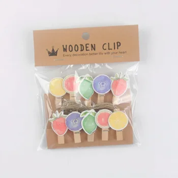 

10 Pcs/Lot Colourful Fruit Wooden Clip Photo paper Clothespin Craft Clips Party Decoration Clip with Hemp Rope