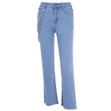 Ковбойские джинсовые джинсы с дырками для женщин, с цепочкой, со средней талией, эластичные тонкие расклешённые джинсовые брюки, длина по щиколотку, Брюки, Джинсы бойфренда