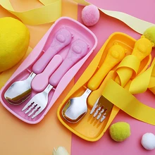 

Cute Bear Cartoon Toddler Utensils Stainless Steel Baby Fork Set With Baby Utensils Case Tableware New Free Shipping