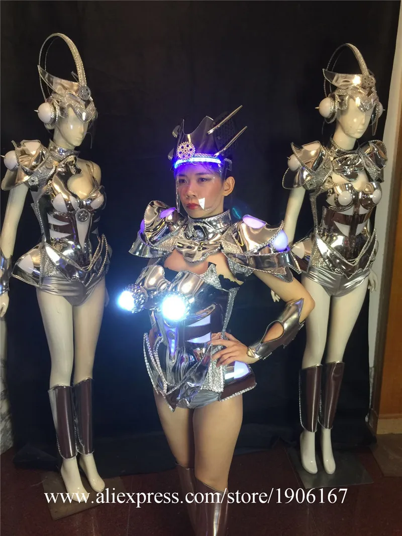 Silver bar ballroom dance led costumes helmet lighted sexy dresses singer wears stage models car robot clothes music dj08