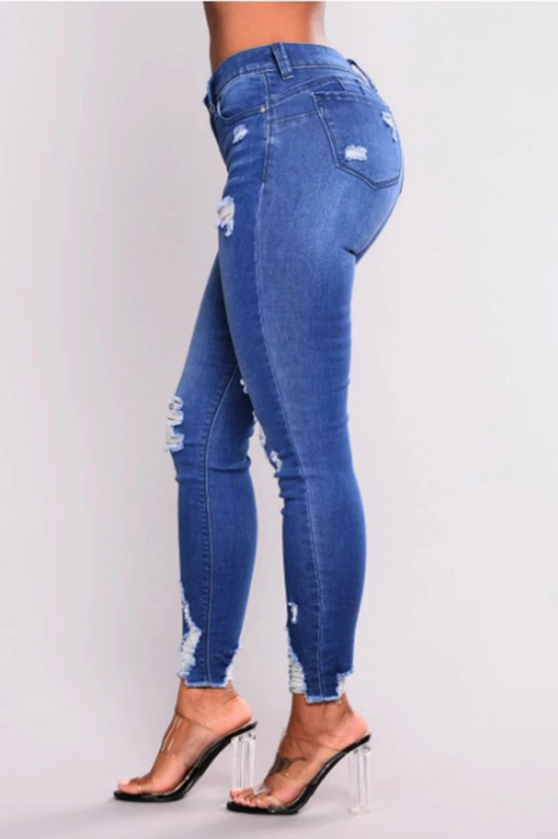 Рваные модные джинсы женские классические с высокой талией узкие синие джинсовые брюки однотонные джинсы на молнии женские большие размеры 3XL