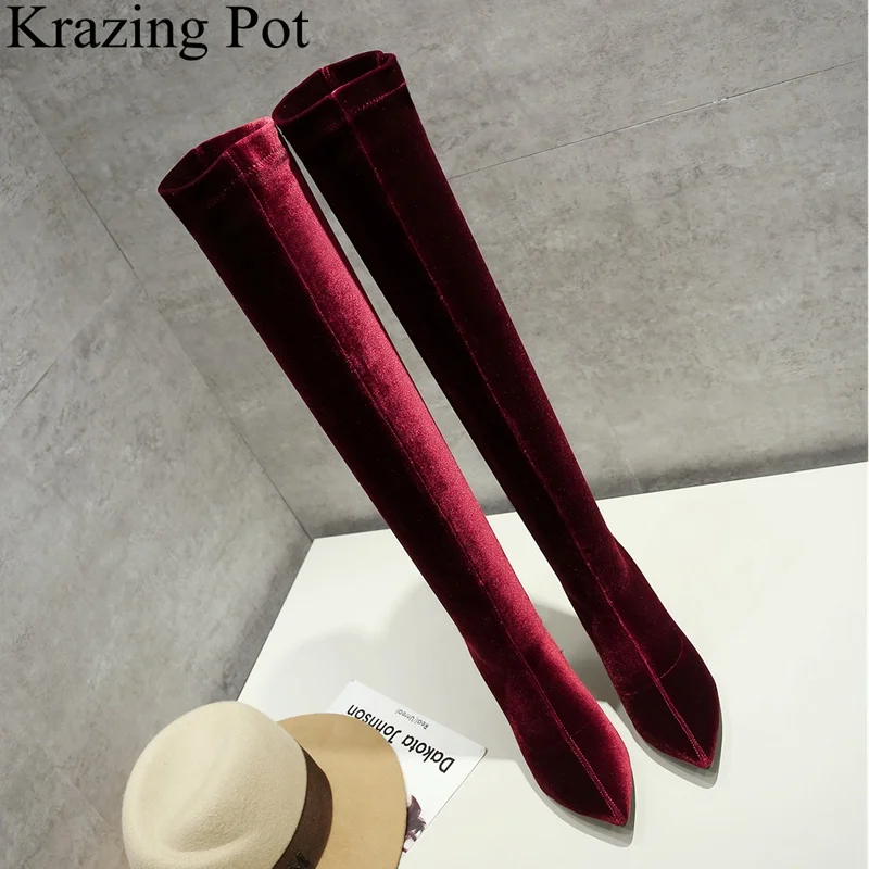 

2018 new arrival pointed toe velvet over-the-knee boots nightclub brand square heel thigh high boots keep warm winter shoes L97