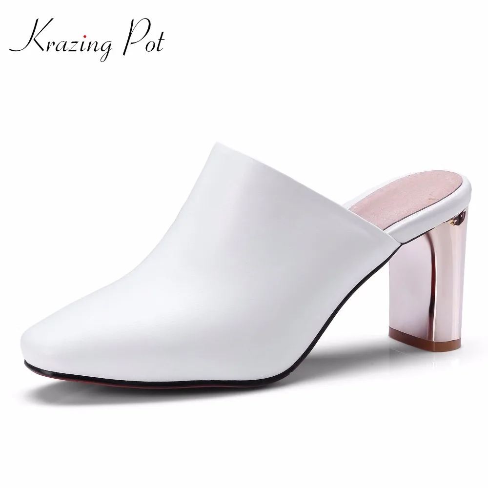 

krazing Pot 2019 genuine leather high street fashion mules high heels concise style square toe solid summer silp on pumps L04