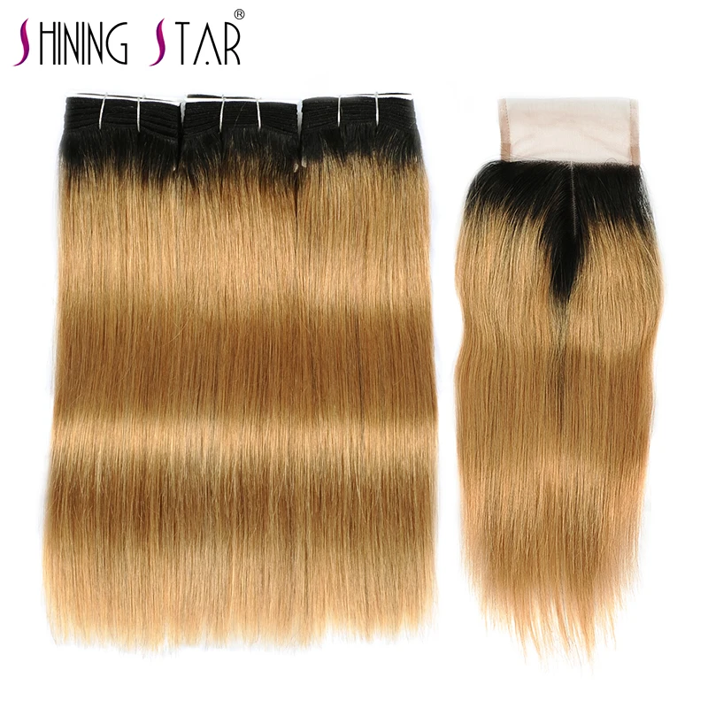 

Omber Brazilian Straight Hair 3 Honey Blonde Bundles With Closure 1B 27 Human Hair Weave With Closure Shining Star Hair Non Remy