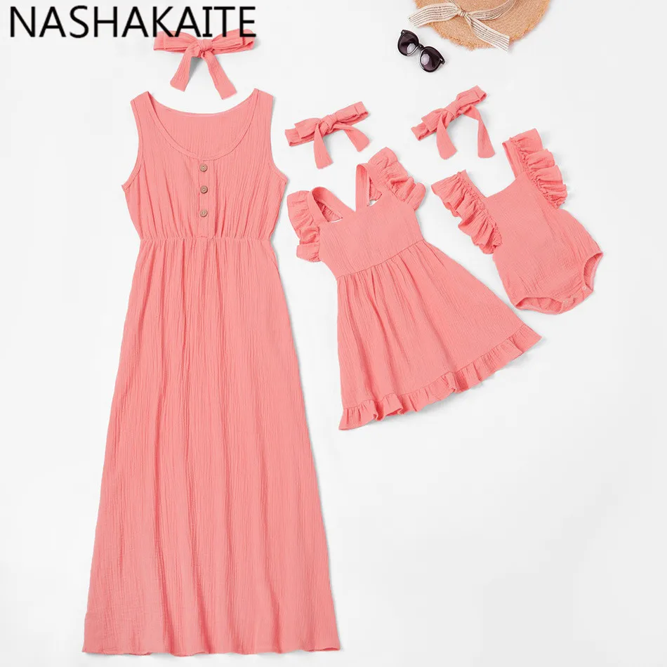 

NASHAKAITE Mother Daughter Dresses 2019 Solid Ruffled Flutter-sleeve Twirl Tank Dress Mommy and Me clothes Family Look