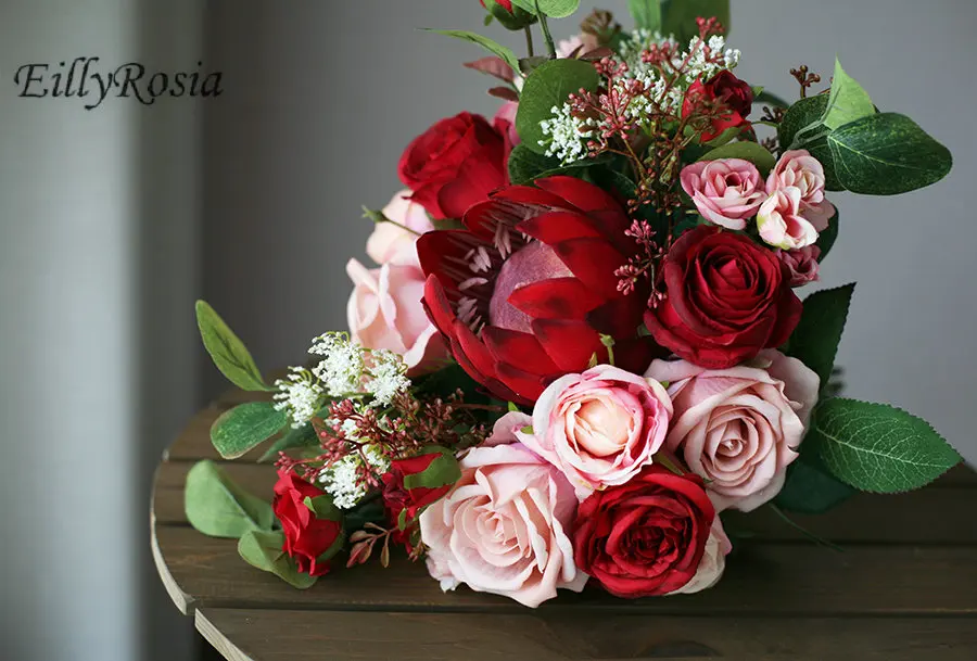 Винтажный Свадебный букет в европейском стиле розовые красные розы Букет для Свадебный букет невесты Искусственные атласные цветы
