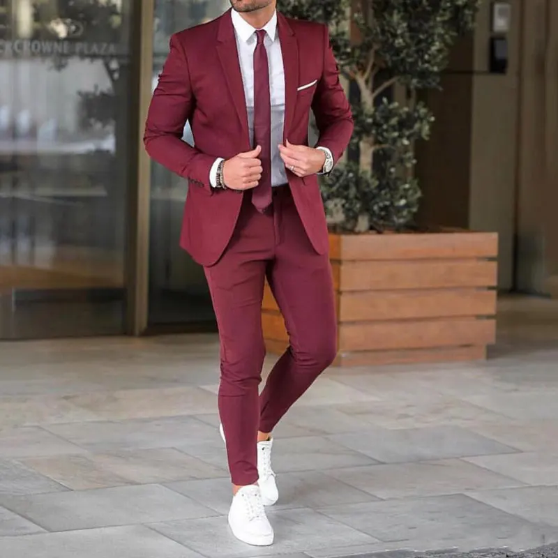 

Burgundy Men Suits for Wedding Suits Pants Groom Tuxedo Groomsmen Man Blazer Jacket 2Piece Slim Fit Terno Masculino Prom Party