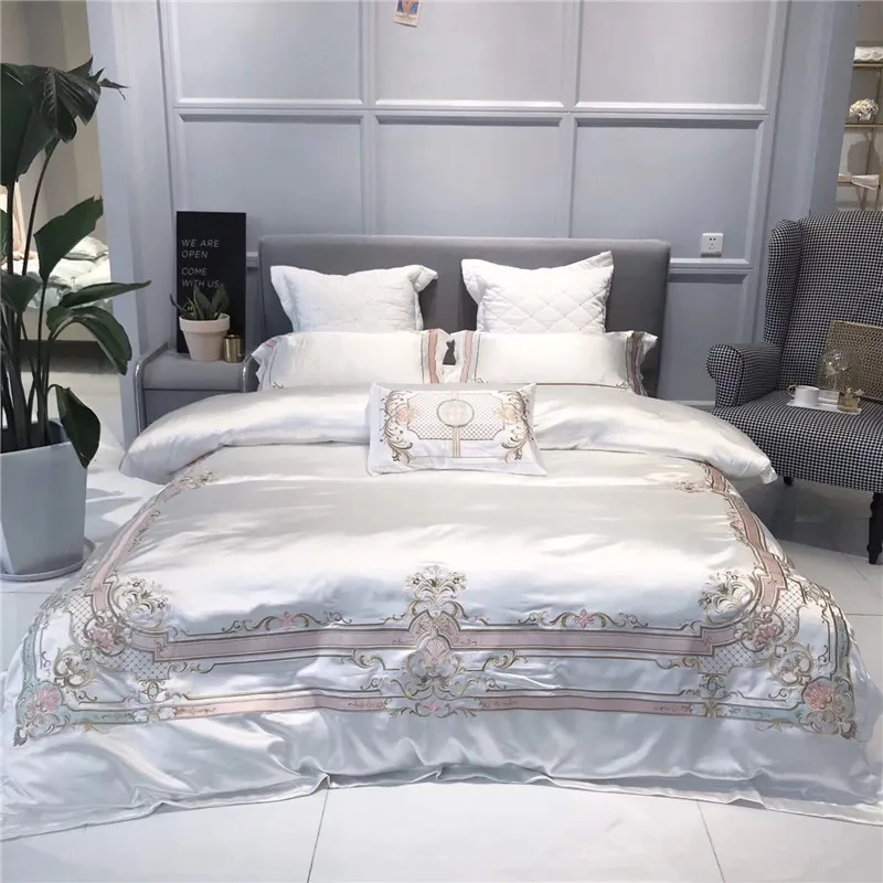 buy White European style Royal Luxury Embroidery 100% silk Cotton soft Bedding Set Duvet Cover Bed sheet Pillowcases King Queen Size