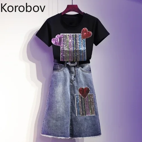 

Korobov Plus Size Korean Women Suits Love Sequined Short Sleeve T Shirt + A Line Denim Skirts Outfits Sashes 3 Piece Set 78353