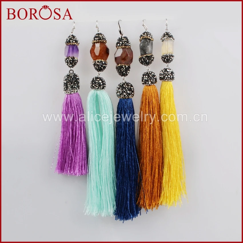 Multi Kind Stone Rainbow Tassel Long Earrings Purple Crystal Paved CZ