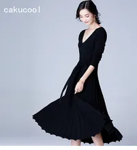 Cakucool Новый Для женщин v-образным вырезом с длинным рукавом вязаное платье осень длинные плиссированные тонкий Vestido лук пояса элегантные Офисные женские туфли вязать Платья для женщин