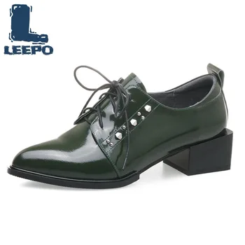 

Brogues Women Shoes Middle Heel Pumps Ladies Genuine Leather Punk Rivet Thick Heels Woman Pointed Toe Oxfords Dress Shoes