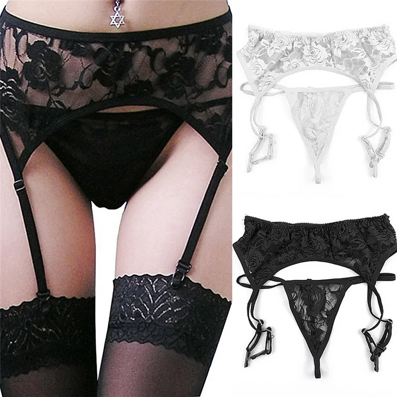 Female Stockings Set Sexy Lingerie Hot Lace Top Thigh High Stockings+Garter Belt+G-string Sexy Underwear Ladies Sheer Intimates