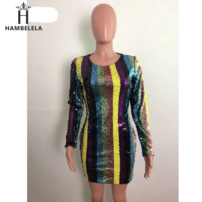 HAMBELELA 2019 Spring Women Sexy Dresses Sequined Striped Bandage Dress Fashion Casual Bodycon Party Club Mini Dress Vestidos (5)