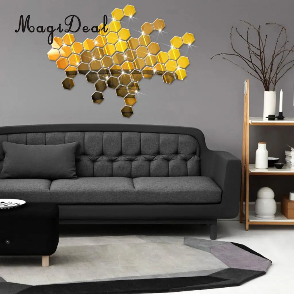 7Pcs 3D Mirror Surface Hexagon Vinyl Removable Sticky Wall Sticker Decal Coffee Cafe Bar Chic Decor Art Mural DIY