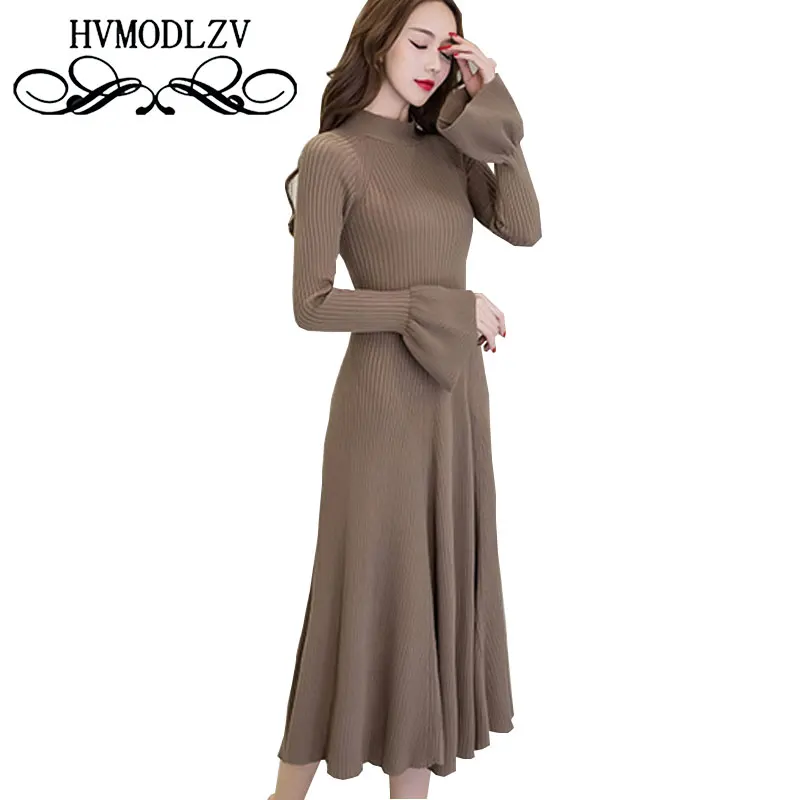 2017 Spring Autumn Women New Knit Dress Fashion Temperament High Waist Long sleeve Speaker sleeve Women's Clothing Dress Ls812