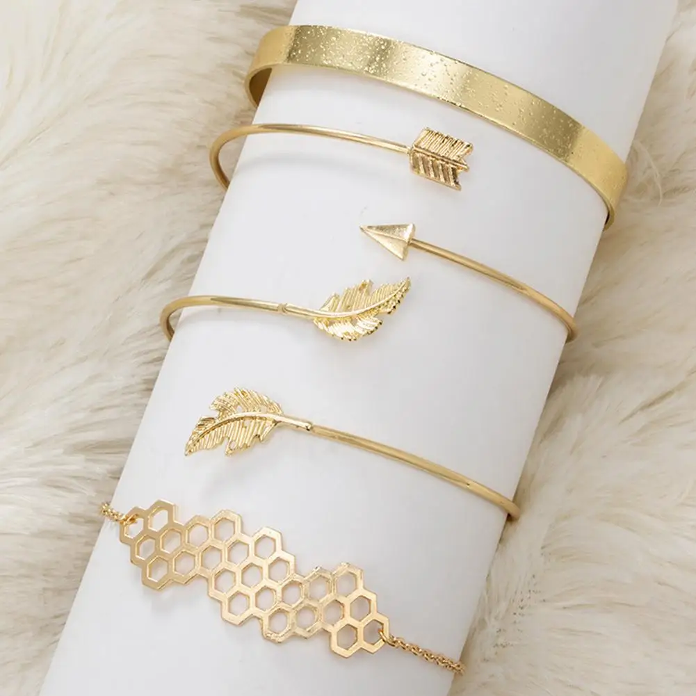 

2019 4Pcs/Set Bohemian Women Hexagon Arrow Leaf Charm Bracelet Open Bangle Jewelry