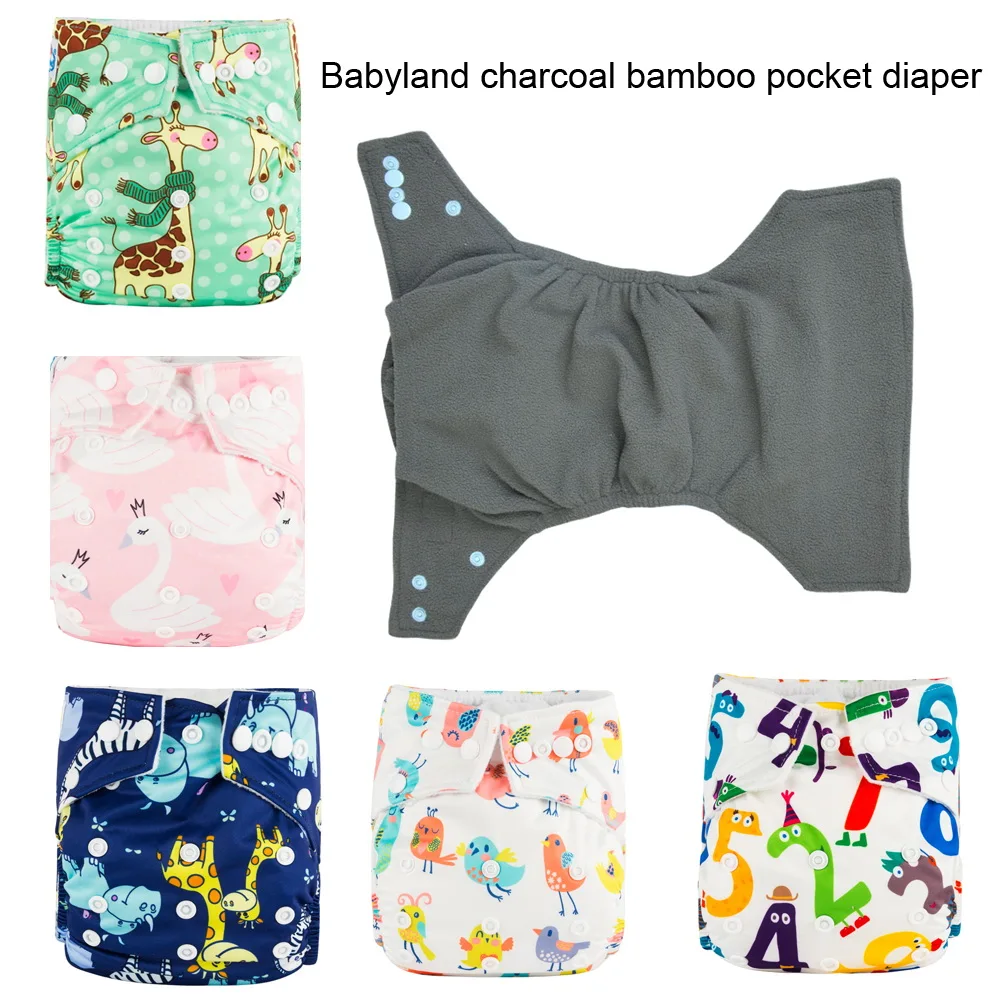 

High quality Healthy organic bamboo charcoal baby cloth diapers newest prints baby diapers with five layers bamboo Inserts free