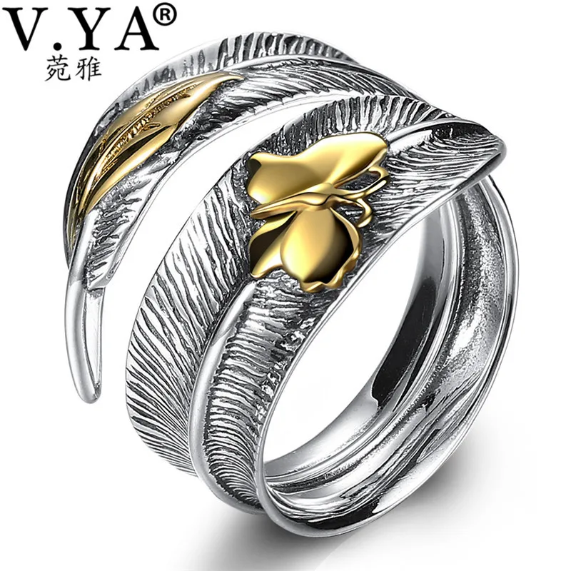V. YA 925 пробы Серебряное кольцо для мужчин и женщин, регулируемые кольца в виде листьев и бабочек, ретро тайское серебряное ювелирное изделие, лучший подарок