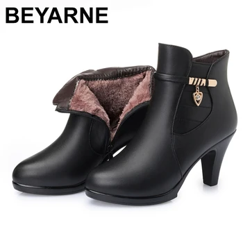 

BEYARNE NEW Fashion Genuine Leather Women Ankle Boots High Heels Zipper Shoes Warm Fur Winter Boots for Women