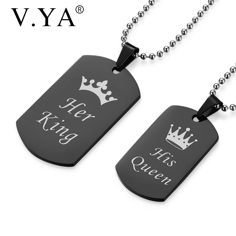 V.YA New Design Black Color Stainless Steel Tag Pendant Her King & His Queen Necklaces For Couple Unique Gifts Dropshipping