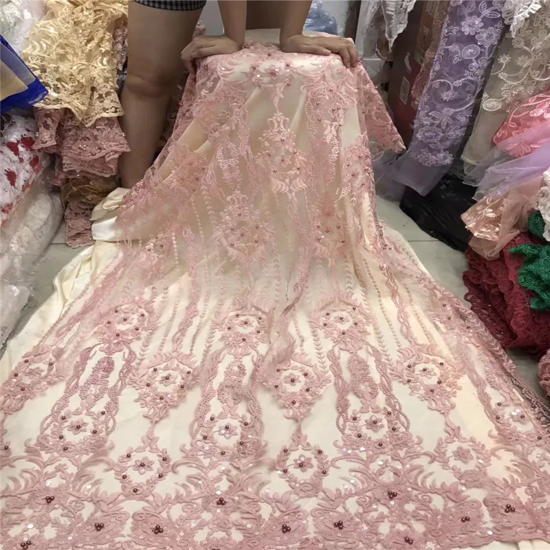 В африканском стиле кружевная ткань с 3D цветок и бисер блестками последние розовый кружевной ткани высокого качества 3d кружевной ткани для свадьбы h1178