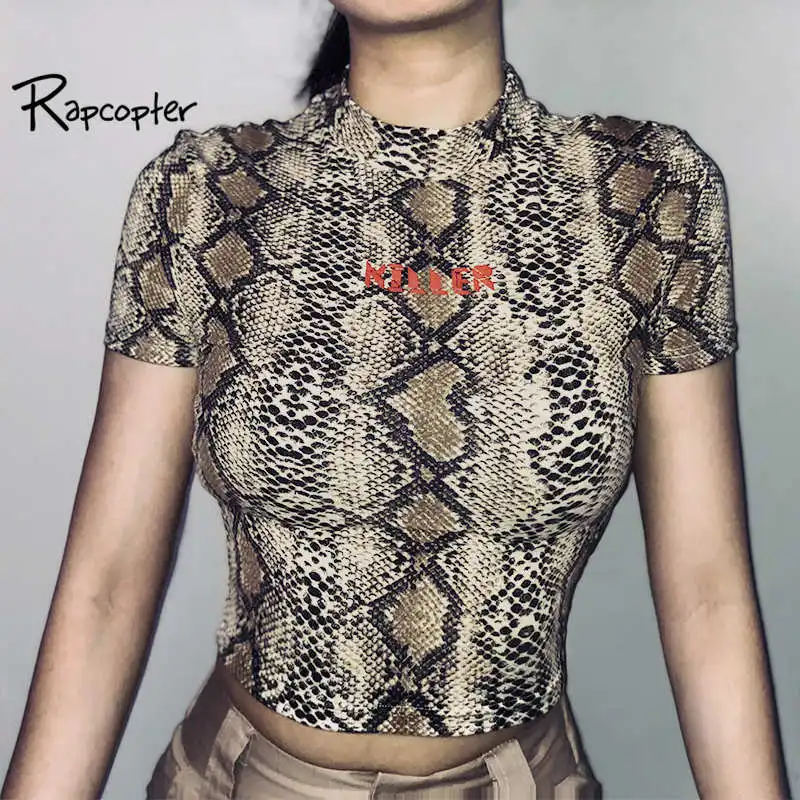 

Rapcopter Women Sexy Bodycon Snake Skin t shirt 2018 Summer Fashion Short Sleeve O-neck T-shirt Causal Cropped Tee Shirt Femee