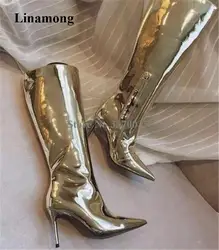 Женские новые модные острый носок патент серебро зеркало кожаные сапоги до колена обувь на тонком каблуке пикантные тонкие длинные сапоги