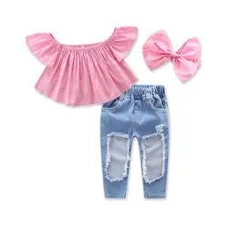 Одежда для маленьких девочек, коллекция 2019 года, летняя детская одежда, 3 предмета, топы с открытыми плечами, рваные штаны, повязка на голову