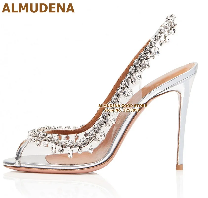 ALMUDENA Graceful Silver Clear PVC Crystal Wedding Shoes Open Toe Elastic Band Slingback Fringe Shoes Bling Bling Rhinestone
