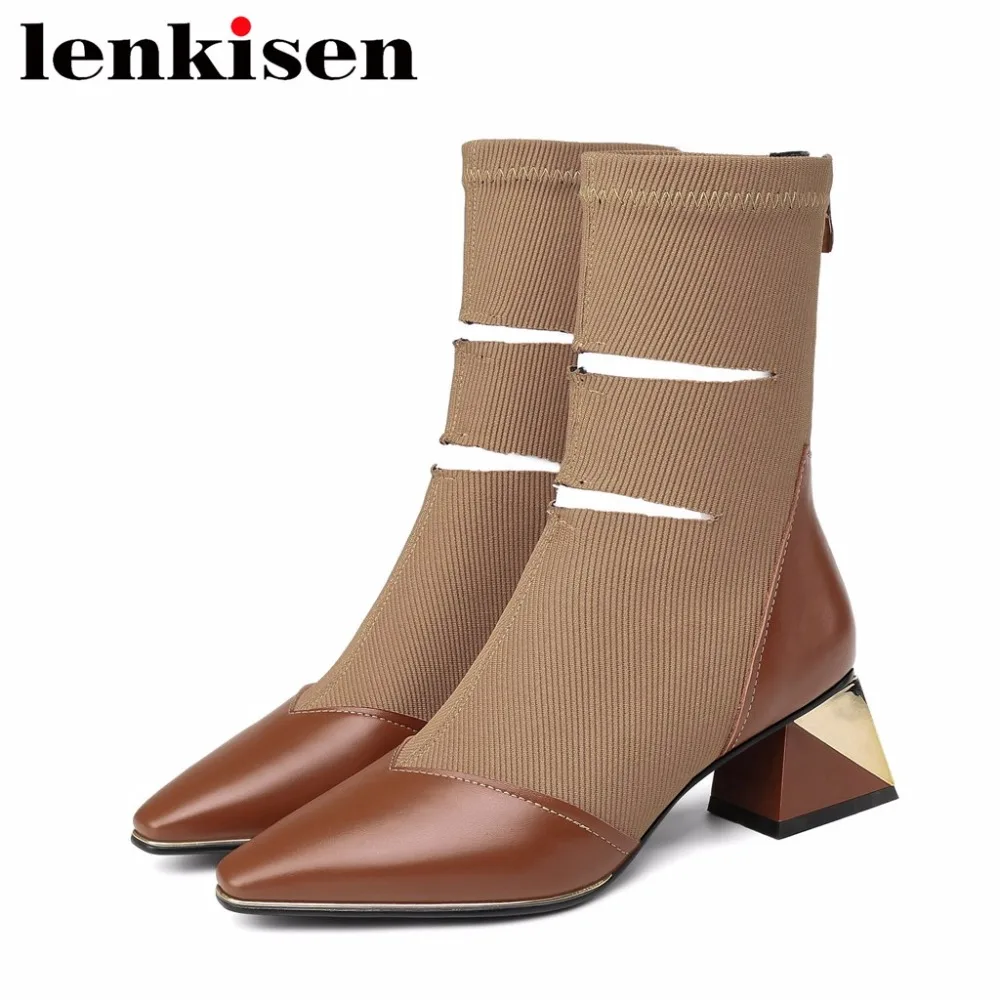 

Lenkisen zip big size solid square toe med heels natural leather european style patchwork beauty women stretch ankle boots L92
