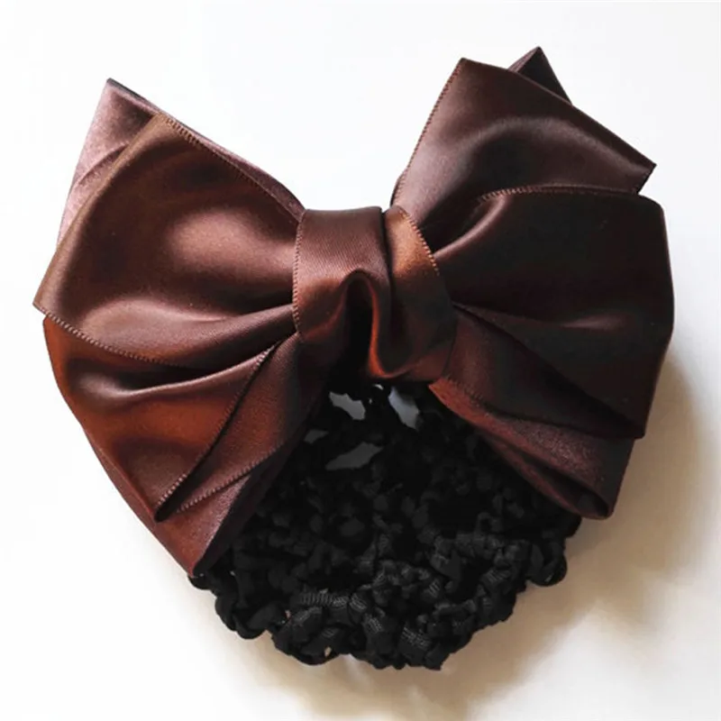 Satin Bow Rhinestone Barrette Lady Hair Clip Cover Bowknot Net Bun Snood butterfly hair clips