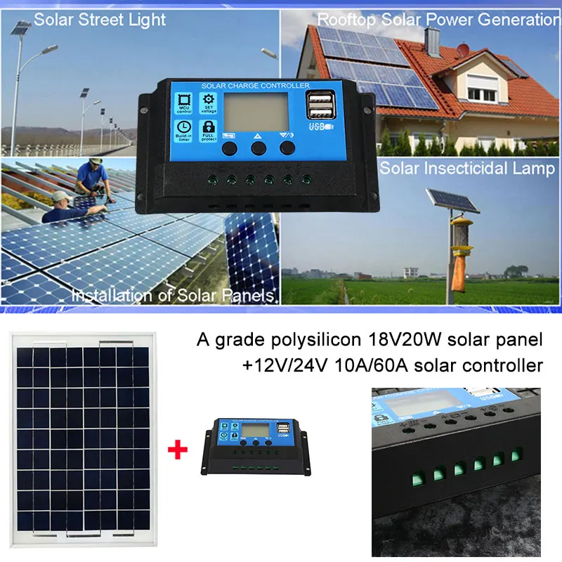 

Solar Panel Charger Mono Solar Panel Travel PWM Inverters DIY PWM Solar Controller Power Supply 20W Multifunctional